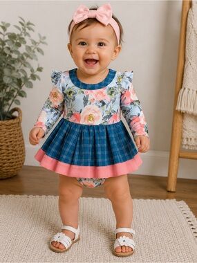 Be Girl Floral & Plaid Long-Sleeve Skater Dress - Pink & Blue - Kids